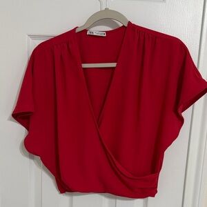 Zara Bright Red Draped Wrap Blouse